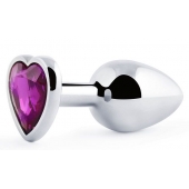 Серебристая анальная пробка с фиолетовым кристаллом-сердечком - 8 см. - Anal Jewelry Plug - купить с доставкой в Мурманске