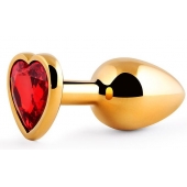 Золотистая анальная пробка с красным стразом-сердечком - 8 см. - Anal Jewelry Plug - купить с доставкой в Мурманске