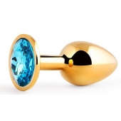 Золотистая анальная пробка с голубым стразом - 7,2 см. - Anal Jewelry Plug - купить с доставкой в Мурманске