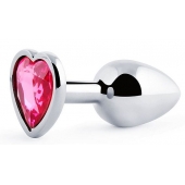 Серебристая анальная пробка с розовым кристаллом-сердечком - 7 см. - Anal Jewelry Plug - купить с доставкой в Мурманске
