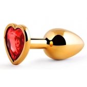 Золотистая анальная пробка с красным стразом-сердечком - 7 см. - Anal Jewelry Plug - купить с доставкой в Мурманске