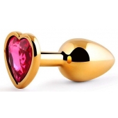 Золотистая анальная пробка с малиновым кристаллом-сердечком - 7 см. - Anal Jewelry Plug - купить с доставкой в Мурманске