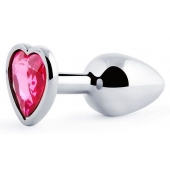 Серебристая анальная пробка с малиновым кристаллом-сердечком - 7 см. - Anal Jewelry Plug - купить с доставкой в Мурманске