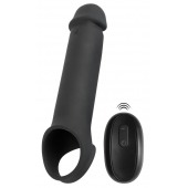 Черная вибронасадка для пениса с хомутом для мошонки и пультом ДУ Remote Controlled Penis Extension - Orion - в Мурманске купить с доставкой