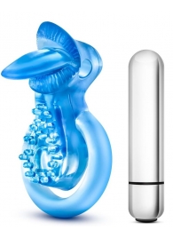 Голубое эрекционное виброкольцо 10 Function Vibrating Tongue Ring - Blush Novelties - в Мурманске купить с доставкой