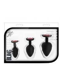 Набор черных анальных пробок с красным кристаллом-сердечком Bling Plugs Training Kit - Blush Novelties - купить с доставкой в Мурманске