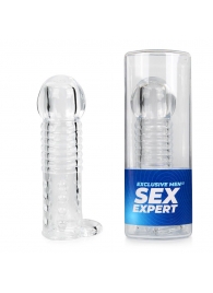Прозрачная рельефная насадка-реалистик с петлей для мошонки - 13,5 см. - Sex Expert - в Мурманске купить с доставкой