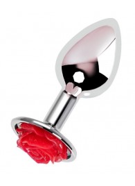 Серебристая анальная втулка с красной розочкой - 8 см. - ToyFa