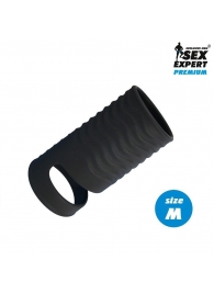 Черная открытая насадка на пенис с кольцом для мошонки size M - 7,9 см. - Sex Expert - в Мурманске купить с доставкой