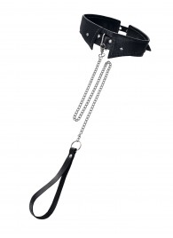 Черный кожаный ошейник-воротник с поводком - Pecado - купить с доставкой в Мурманске