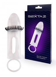 Закрытая насадка на пенис с подхватом мошонки и стимулирующими «ресничками» - Sextaz - в Мурманске купить с доставкой