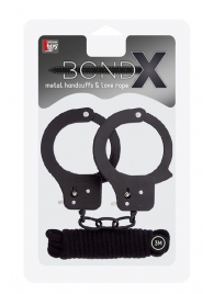 Чёрные наручники из листового металла в комплекте с веревкой BONDX METAL CUFFS LOVE ROPE SET - Dream Toys - купить с доставкой в Мурманске