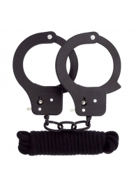 Чёрные наручники из листового металла в комплекте с веревкой BONDX METAL CUFFS LOVE ROPE SET - Dream Toys - купить с доставкой в Мурманске