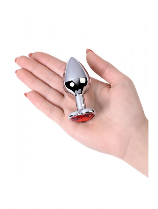Серебристая коническая анальная пробка с красным кристаллом-сердечком - 7 см. - ToyFa - купить с доставкой в Мурманске