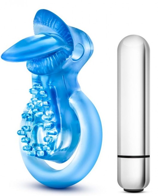 Голубое эрекционное виброкольцо 10 Function Vibrating Tongue Ring - Blush Novelties - в Мурманске купить с доставкой