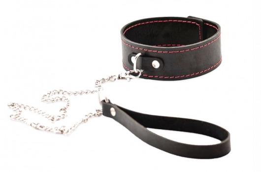 Черный широкий ошейник с красной строчкой и поводком - Crazy Handmade - купить с доставкой в Мурманске