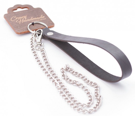 Серебристый металлический поводок с кожаной черной ручкой - 80 см. - Crazy Handmade - купить с доставкой в Мурманске