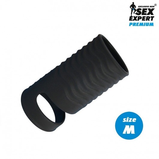 Черная открытая насадка на пенис с кольцом для мошонки size M - 7,9 см. - Sex Expert - в Мурманске купить с доставкой