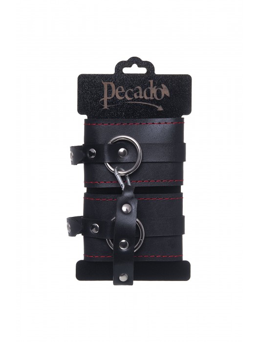 Черные кожаные однослойные оковы с контрастной строчкой - Pecado - купить с доставкой в Мурманске