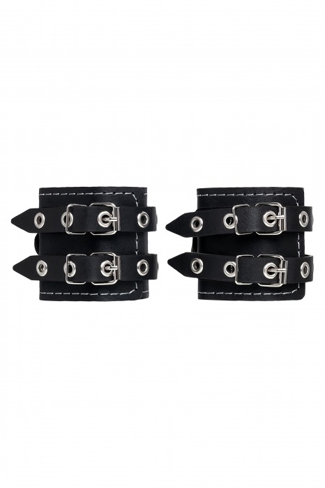 Черные кожаные наручники с двумя ремнями и красной подкладкой - Pecado - купить с доставкой в Мурманске