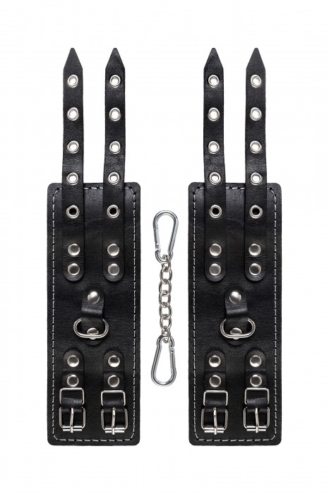 Черные кожаные наручники с двумя ремнями и красной подкладкой - Pecado - купить с доставкой в Мурманске