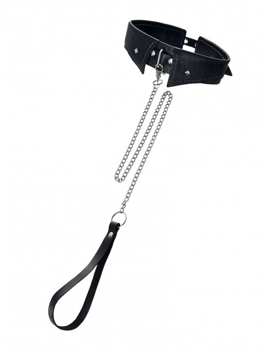 Черный кожаный ошейник-воротник с поводком - Pecado - купить с доставкой в Мурманске