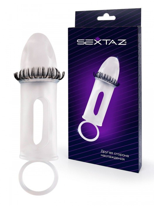 Закрытая насадка на пенис с подхватом мошонки и стимулирующими «ресничками» - Sextaz - в Мурманске купить с доставкой