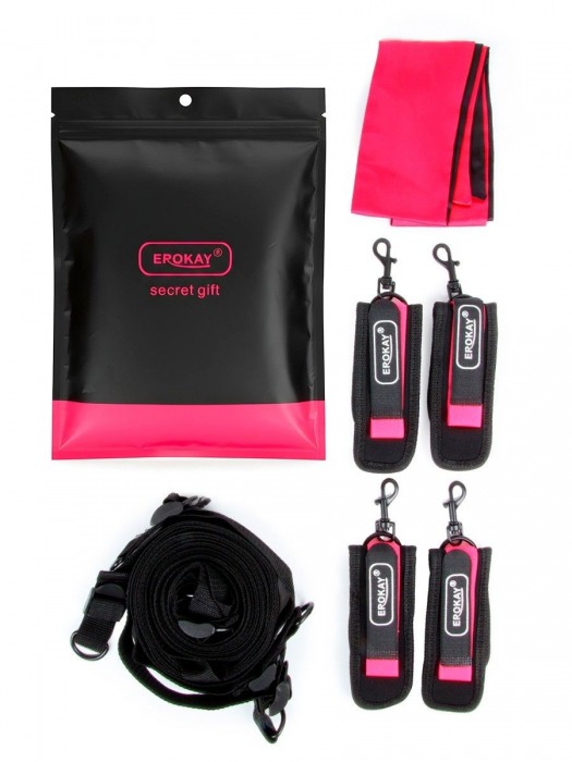 Черно-розовый эротический набор: фиксатор, оковы, наручники, повязка - Erokay - купить с доставкой в Мурманске