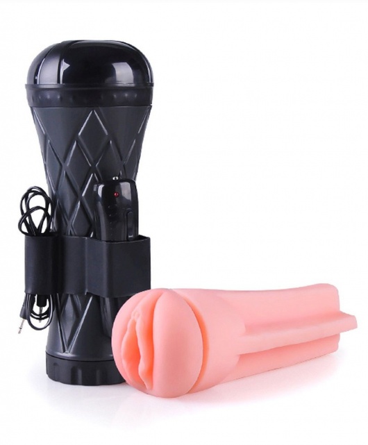 Телесный мастурбатор-вагина в черной колбе с вибрацией - Boys of Toys - в Мурманске купить с доставкой