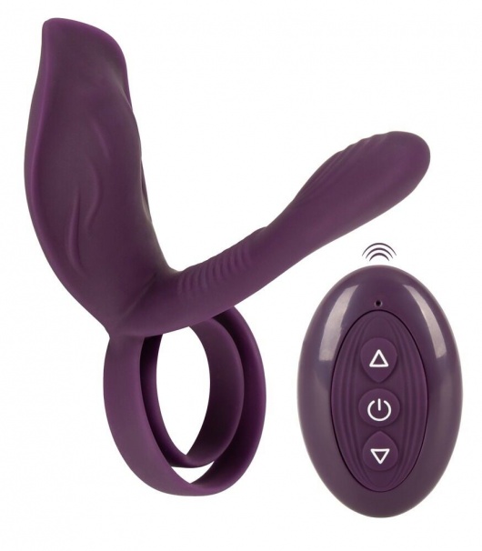Фиолетовая насадка на член с клиторальным отростком и пультом ДУ RC Couple’s Vibrator 2 - Orion - в Мурманске купить с доставкой